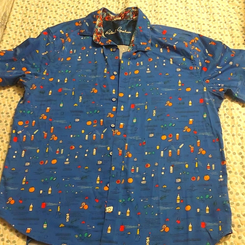 ROBERT GRAHAM Short Sleeve Mens Large Shirt Cocktail Drink Receipe